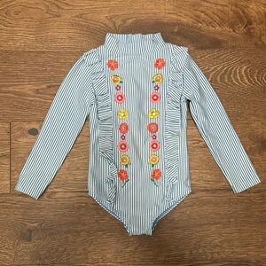 Mini Boden Baby Boden 2-3Y floral Blue and White Stripe Rashguard Swimsuit